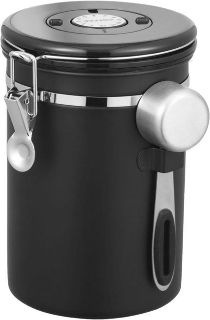 304Stainless steel 원두커피통 스푼부여 음식 보관함 저장함 밀봉통, 블랙, 1.8L, 1개