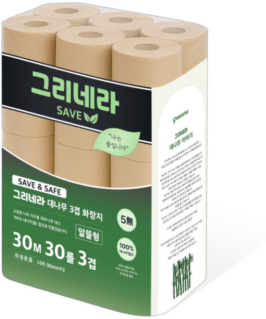 그리네라 save 알뜰형 먼지없는 깨끗한 무표백 무형광 뱀부 퓨어 대나무화장지 3겹 30M 30롤, 1개