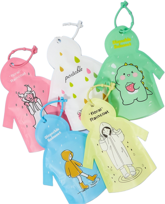 드림하이 성인용 일회용 우비 5개입 / 남녀공용 비옷 레인코트, 1세트, 화이트+핑크+그린+블루+옐로우