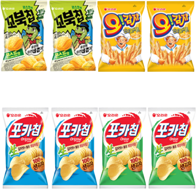 (미니사이즈) 포카칩 오리지널 어니언 오감자 꼬북칩 30g 2개씩 (총 8개), 1세트, 240g