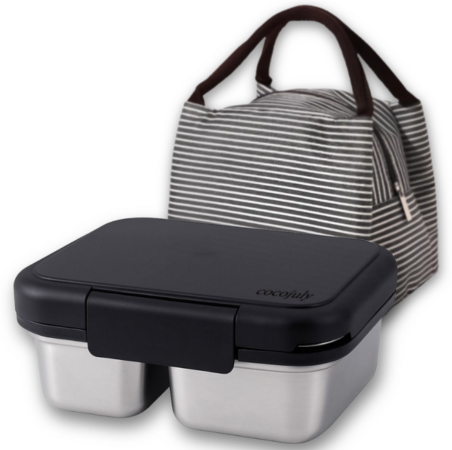 코코줄라이 2구 플립 스텐도시락통 + 보온보냉 도시락 가방, 블랙, 1세트