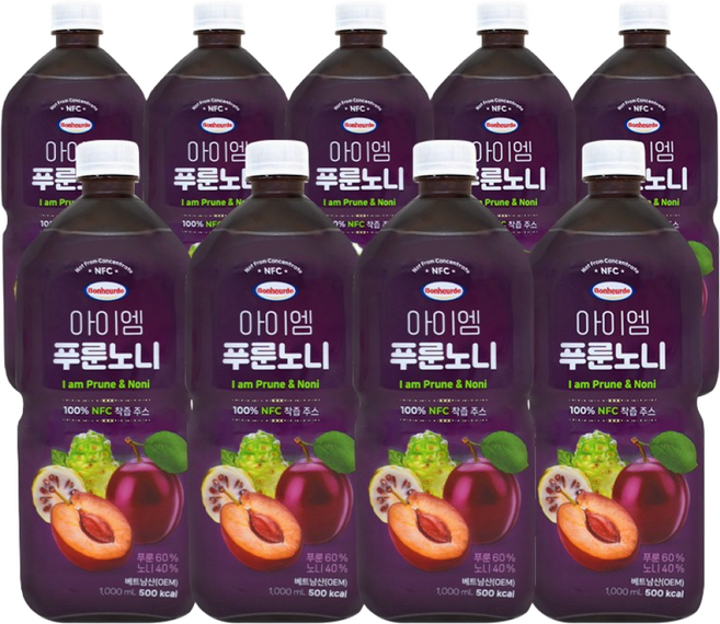 보넬드 아이엠 푸룬노니 100% NFC 착즙주스, 9개, 1L