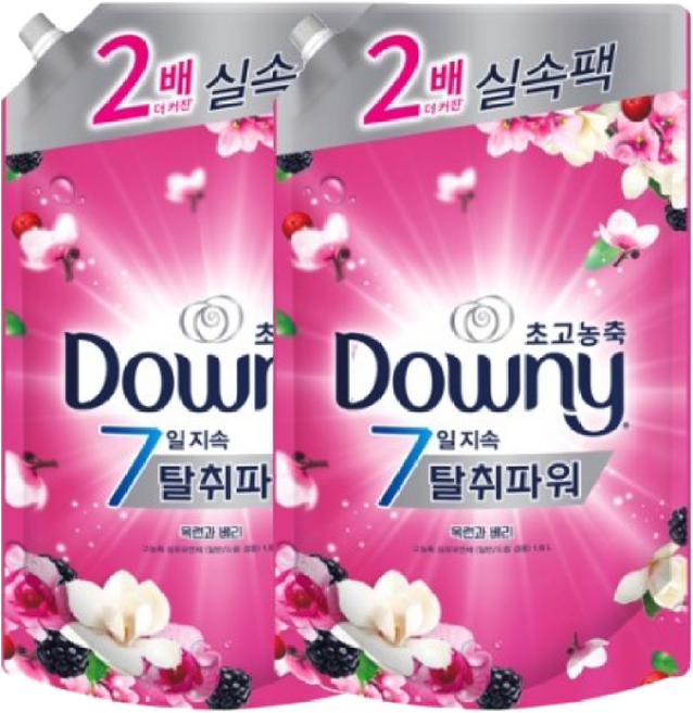 다우니 고농축 섬유유연제 7일 탈취파워 목련과 베리 리필, 1.6L, 2개