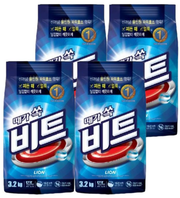 비트 분말 세탁세제 일반용 리필, 3.2kg, 4개
