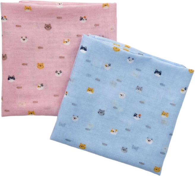 데일리 손수건 고양이&강아지 패턴 아사면 빅사이즈 목수건 2장