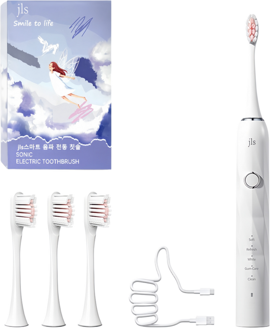 JLS 최신형 스마트 음파 전동칫솔 본체+휴대케이스+칫솔모 4개 200일 사용시간, T6, 화이트, 1개