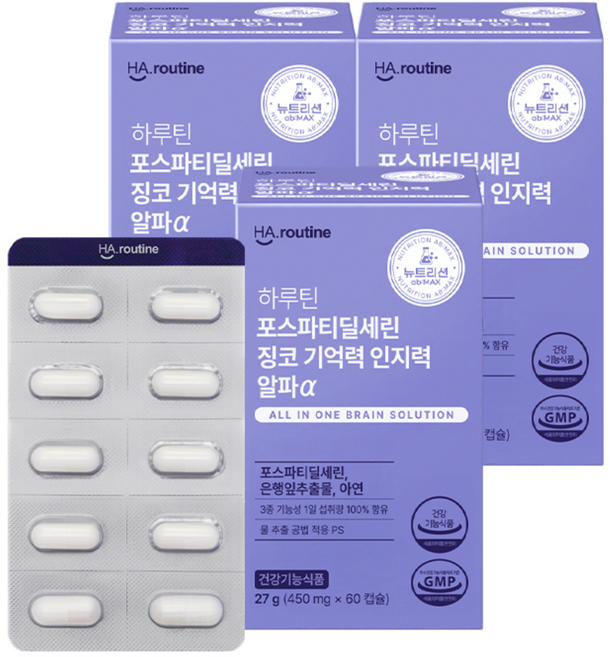 [하루틴] 포스파티딜세린 징코 기억력 인지력 알파 3박스 (3개월분) 은행잎추출물 아연, 3개, 60정