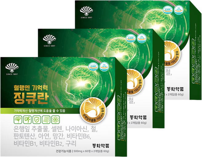 동화약품 혈행엔 기억력 징큐란 은행잎추출물 징코 11종기능성, 120정, 3개