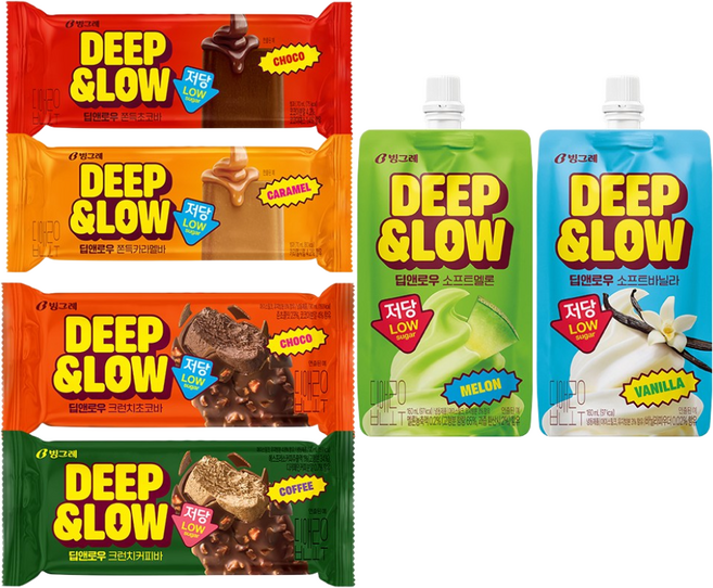 빙그레 아이스크림 딥앤로우 6종 혼합 18개입(크런치바초코 3개 크런치바커피 3개 소프트 멜론3개 소프트 바닐라 3개 쫀득바 초코 3개 쫀득바 카라멜3개, 18개, 106ml