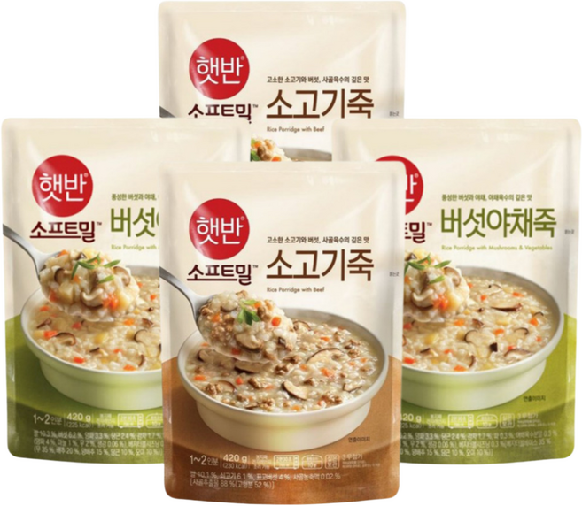 햇반 소프트밀 즉석죽 혼합구성 420g x4개, 버섯야채죽 2개+소고기죽 2개, 1세트, 1.68kg