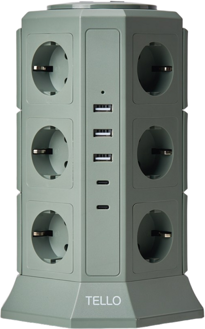 텔로 (에디션) 타워 멀티탭 17구(USB-3 CTYPE-2) KC인증 접지 안전 고급 멀티탭 선정리 가능한 인테리어 귀여운 디자인 예쁜색상, 2m, 딥카키, 1개