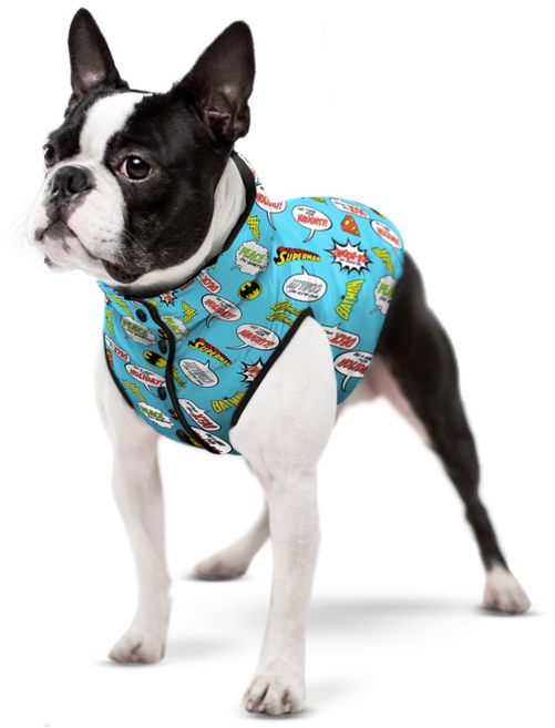 펫코앤코 강아지 겨울용 투버튼 생활방수 산책용 슈퍼맨 배트맨 카툰 패딩 애견 조끼, 제이엘 블루, 1개