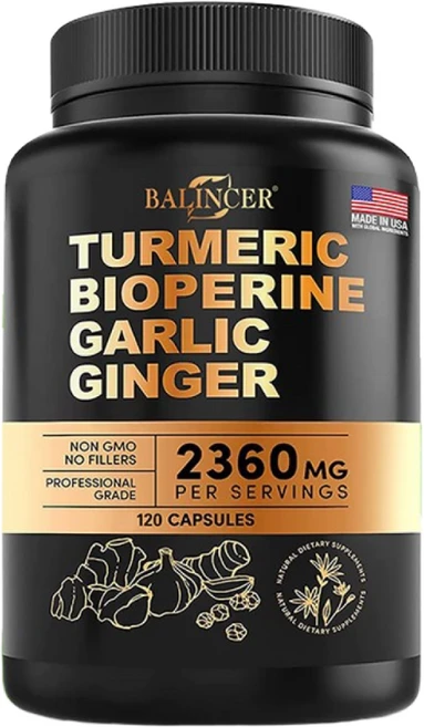 4-in-1 강황 피페린 마늘 ​​및 생강 - 통증 완화 면역 강화 관절 인지 근육 소화 및 전반적인 건강 지원에 유익한 커큐민 95% 함유, 1개, 120정 - 쿠팡