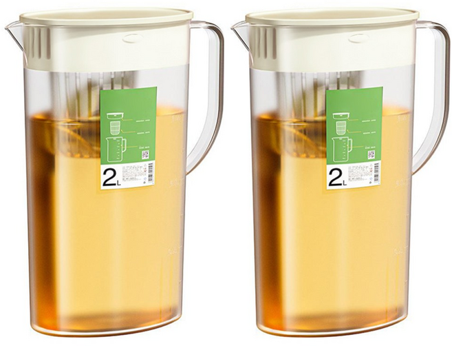 투데이리빙 1+1 2리터 티망 물병 2중 차거름망 냉장고 물통 보온 보냉 티팟 보틀 가정용 티백망 냉수병 보리차 음료 워터 포트, 2개, 2L, R98611M(베이지