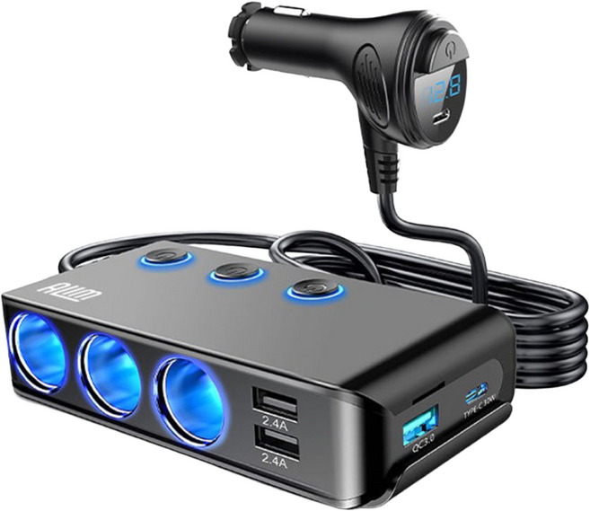 아림 120W 차량용 시거잭 스위치 멀티소켓 PD 볼트게이지 PPS 초고속 충전기 소켓, 1개