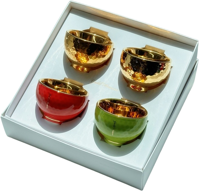 24K 금도장 국내산 도자기 황금잔 황금 소주잔 술잔 부모님 상견례 선물, 1개, 황금잔2p+컬러금잔2p(레드,연두)+보자기포장+쇼핑백