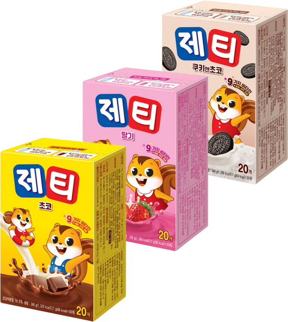제티 초코 20입 + 딸기 20입 + 쿠키앤초코 20입 3종1세트, 3개, 20개입, 17g