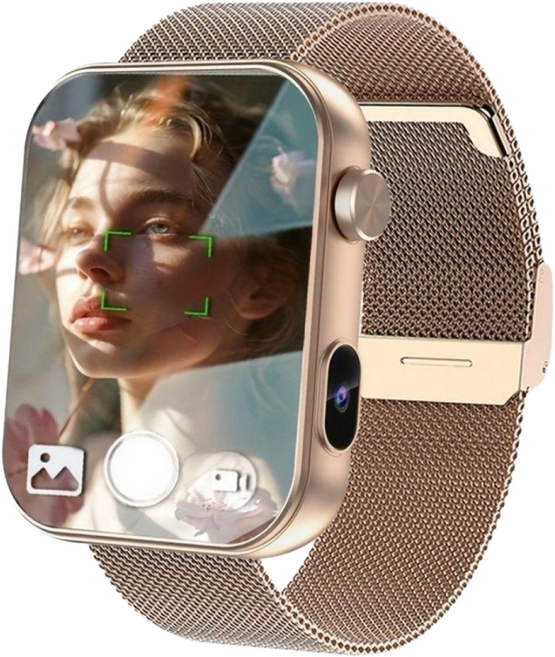 2025 스마트워치 카메라 녹음 기능, 골든 메쉬 시계 + 골든 실리콘 스트랩