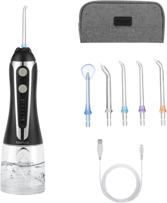 휴대용 구강세정기 h2ofloss 대용량 건강한 구강관리 물치실 5개노즐팁, 블랙