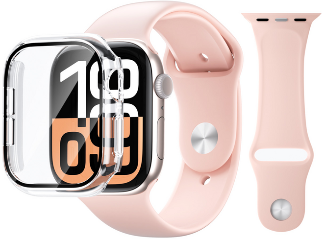 AITEWO 애플워치 호환 실리콘 원버튼 스트랩 스포츠 밴드 풀커버 강화유리 케이스 세트, 1개, 핑크 M