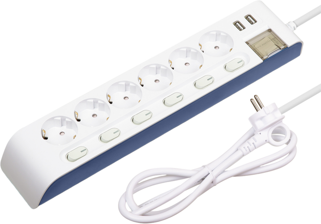 하이탭 디자인 USB 2포트 개별 스위치 멀티탭 6구 16A HIPUMP-6, 1개, 3m, 화이트