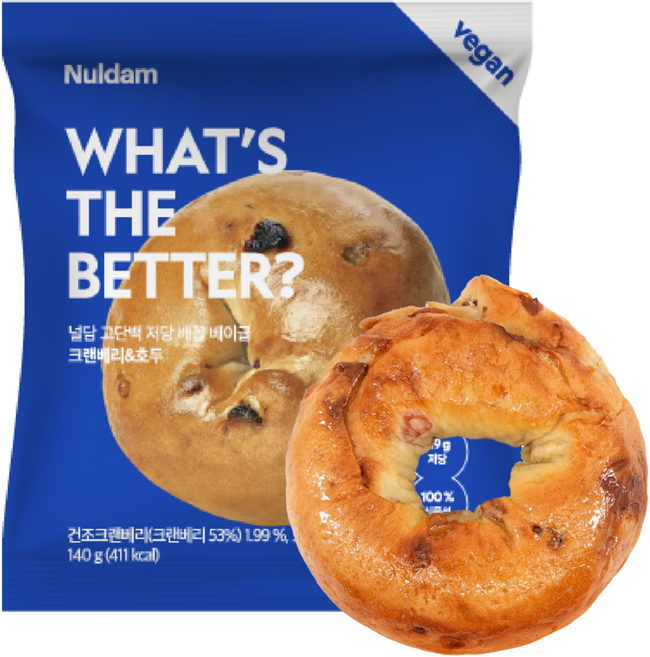 단백질 20g이상 고단백 저당 비건 배꼽베이글 크랜베리&호두, 140g, 4개