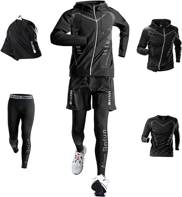 남성용 트레이닝복 상하의 세트 4종세트 긴 코트+긴팔상의+반바지+타이즈 세트