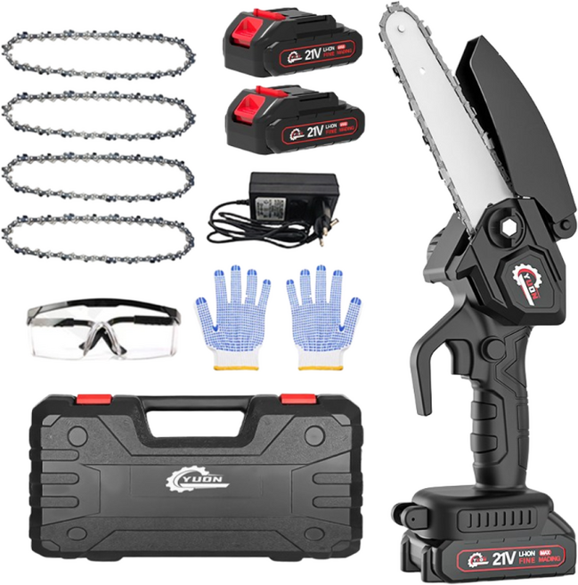 독일 기술 21V 브러시리스 15.24cm 충전식 전기톱 미니 소형 체인톱 배터리 2개, 1세트