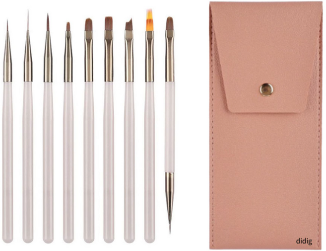 디딕 셀프 젤 네일 아트 브러쉬 9종 파우치 세트, 1세트, 반투명 화이트