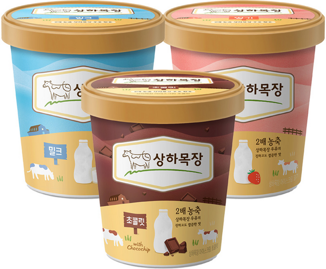 상하목장 유기농 아이스크림 초코 + 밀크 + 딸기 파인트 475ml 각1개 (총3개)
