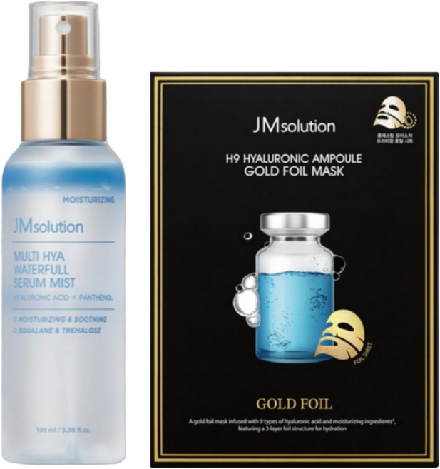 제이엠솔루션 멀티 히아 워터풀 세럼 미스트 100ml 1개 + H9 히알루로닉 앰플 골드 호일 마스크 팩 350ml 10개