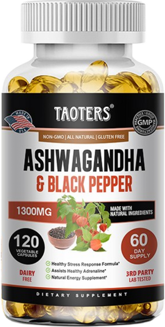 유기농 Ashwagandha 1300 mg 스트레스 완화 부신 기분 및 갑상선 지원을 위한 캡슐 120개 흑후추 및 100% 순수 Ashwagandha, 60캡슐, 60정, 1개