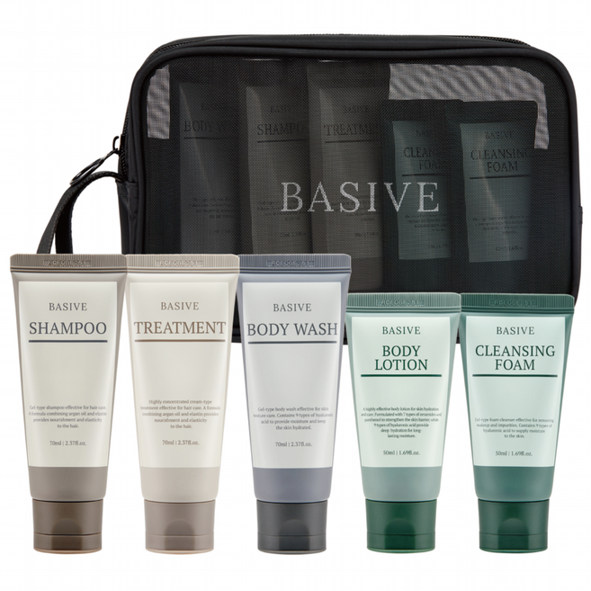베이시브 여행용 세면도구 트래블키트 5종 + 메쉬파우치 (APEC 공식 협찬 제품), 1세트