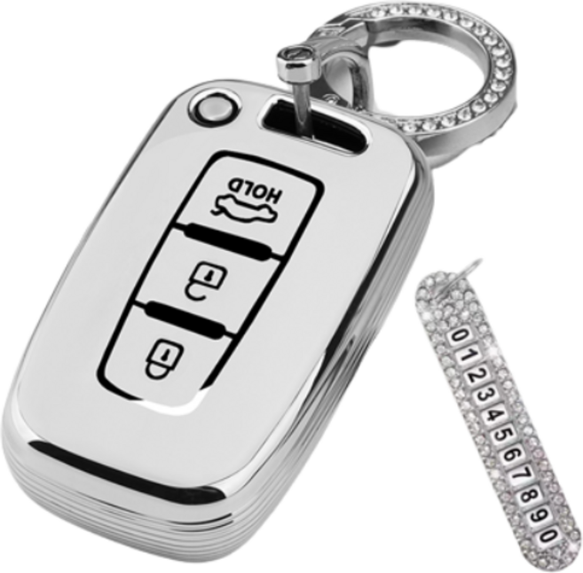 키에티 현대 기아 호환 레이 모닝 i30 3버튼 TPU 엣지 키케이스 + 큐빅번호, 실버_화이트