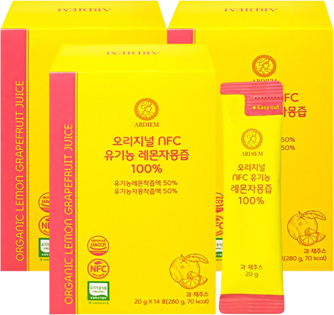 아르디엠 오리지널 NFC 유기농 레몬자몽즙 100% 착즙 레몬 자몽 원액, 3개, 280g