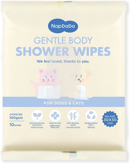 냅다다 젠틀바디샤워티슈 강아지 고양이 목욕 물티슈 대나무원단 100gsm, 1개, 10개입