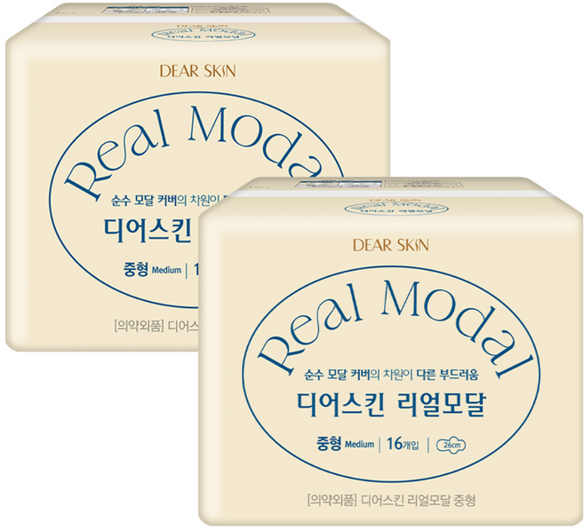 디어스킨 리얼모달 생리대 날개형, 중형, 16개입, 2개