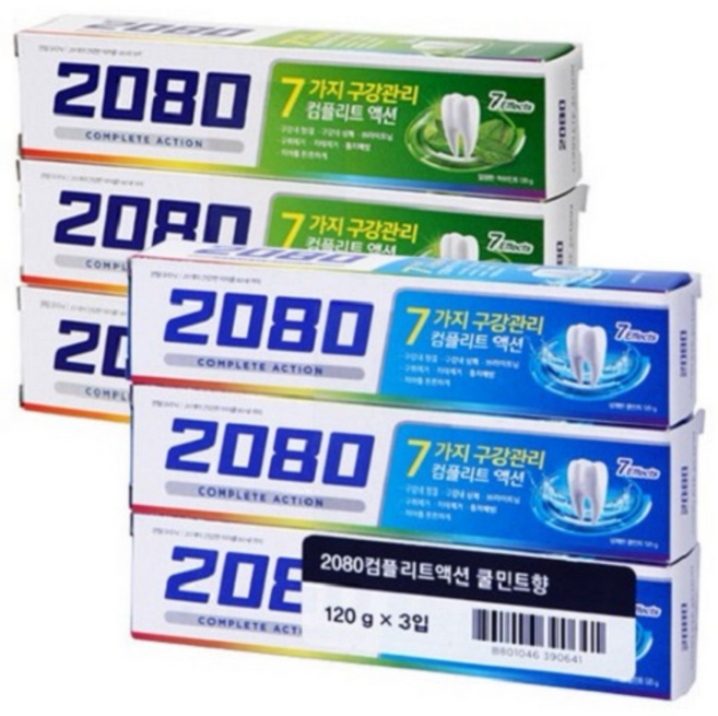 2080 컴플리트액션 쿨민트향 x 3개 + 허브민트향 x 3개, 120g, 1세트