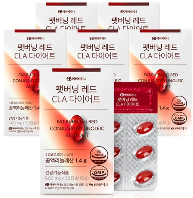 에버비키니 팻버닝 레드 CLA 다이어트 식품 18g, 30정, 6개
