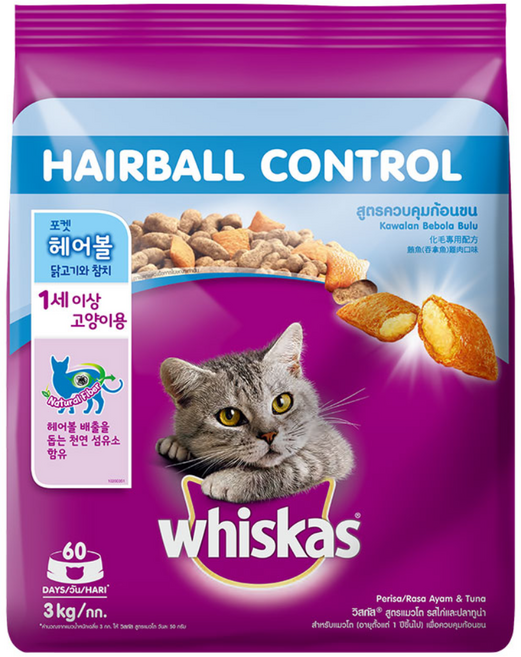위스카스 1세이상 고양이 포켓 헤어볼 건식사료, 헤어볼 예방, 3kg, 1개