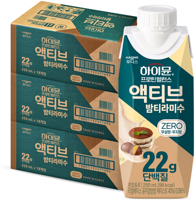 하이뮨 프로틴 밸런스 액티브 22g 밤티라미수 ZERO, 54개, 250ml
