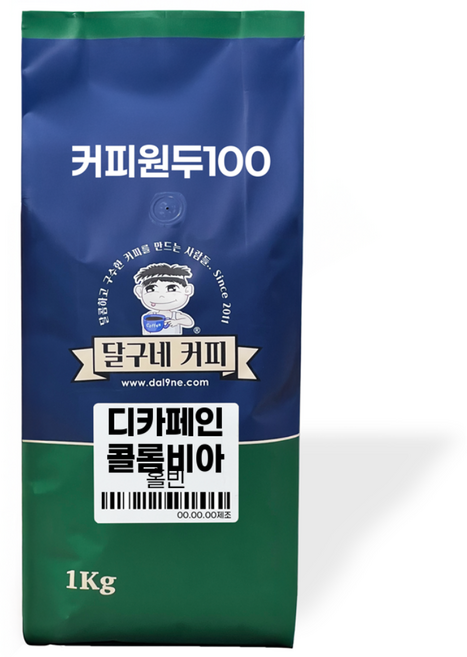 달구네커피 디카페인 콜롬비아 엑셀소 노카페인 로스팅커피, 1개, 1kg, 홀빈(분쇄안함)