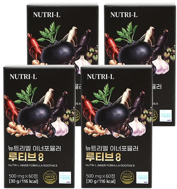 뉴트리엘 이너포뮬러 루티브 8 블랙마카 홍삼 흑삼 흑마늘 도라지 생강 삼백초 마늘, 4개, 60정 - 쿠팡