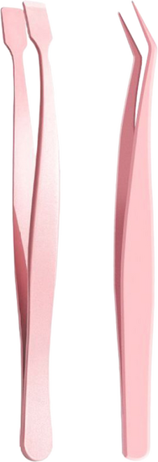 vivarossa 노글루 속눈썹 L자 곡선형 트위저 핀셋 족집게 위 아래 세트, 1세트, 핑크