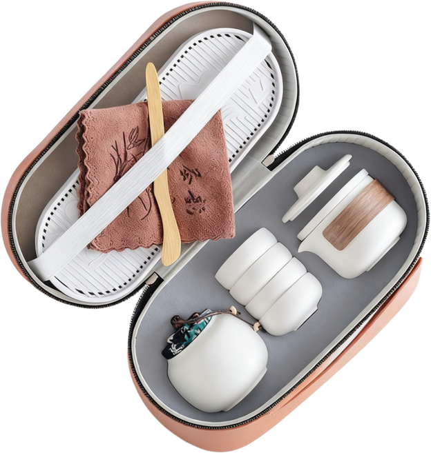 여행용 다기 휴대용 세트 야외 도자기 한 주전자 한 캔 네 잔 빠른 비즈니스 선물 다기 세트, 흰색, 포트 하나+컵 네 개+캔 하나+가방 하나+티슈 하나, 1세트