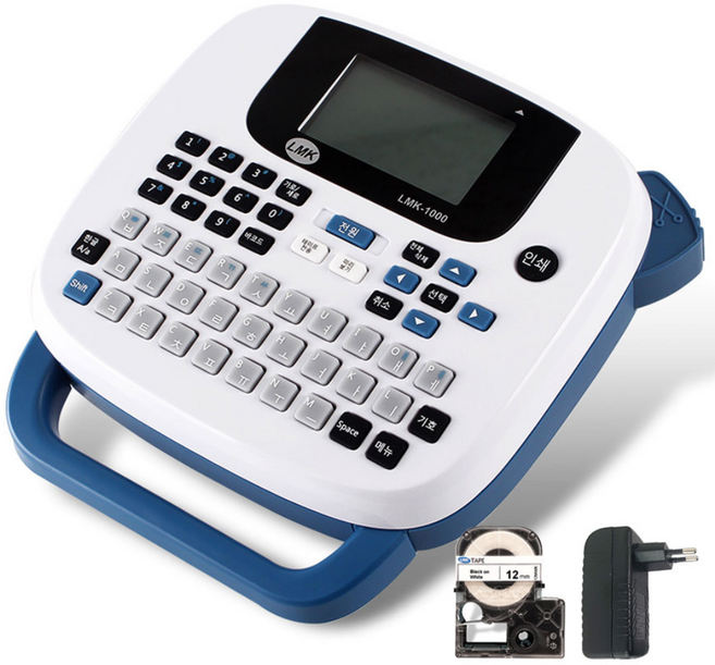 로드메일코리아 휴대용 라벨프린터 LMK-1000 라벨기+아답터+라벨테이프, 1세트, LMK-1000블루+아답터