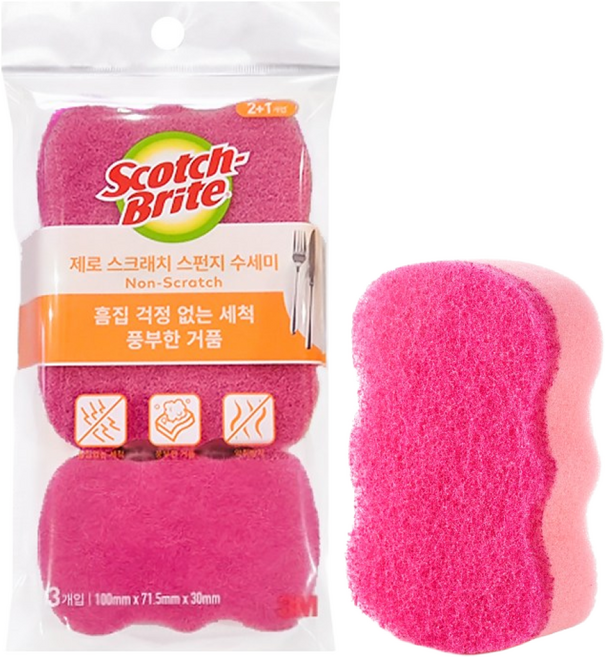 [3M]스카치브라이트 제로 스크래치 스폰지 수세미, 3개입, 1개