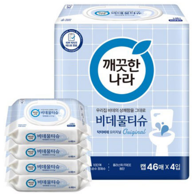 깨끗한나라 닥터비데 화장실용 물티슈 오리지널 캡형, 55g, 46매, 4개