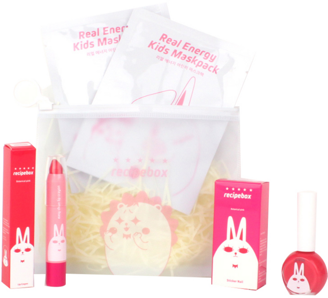 레시피박스 어린이 여행용 심플 메이크업 세트, 휴대용 파우치 + 어린이 마스크팩 2p + 립크레용 + 매니큐어 보타니컬 핑크, 1세트