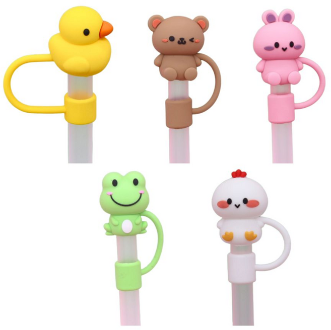 일상채움 스텐리 텀블러 호환 실리콘 빨대 마개 세트, 5개, 동물 캐릭터